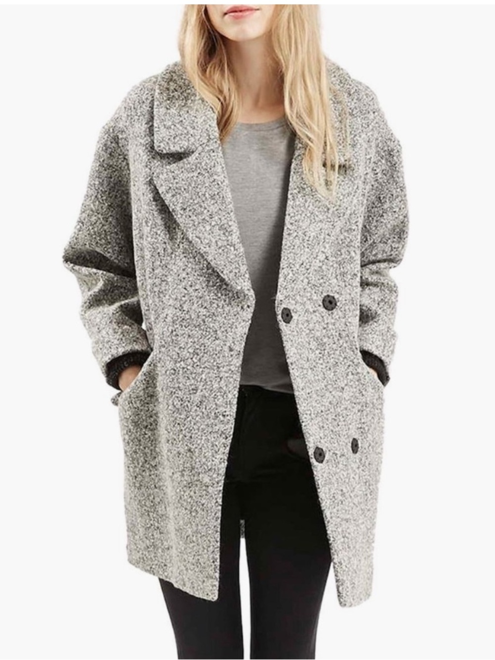 Topshop Amelia Slouch Coat Gray Herringbone Wool Blend Oversized US 6